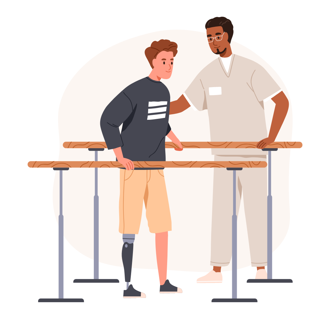 Bild eines Physiotherapeuten, der einem Patienten mit Beinprothese bei einer Laufübung hilft