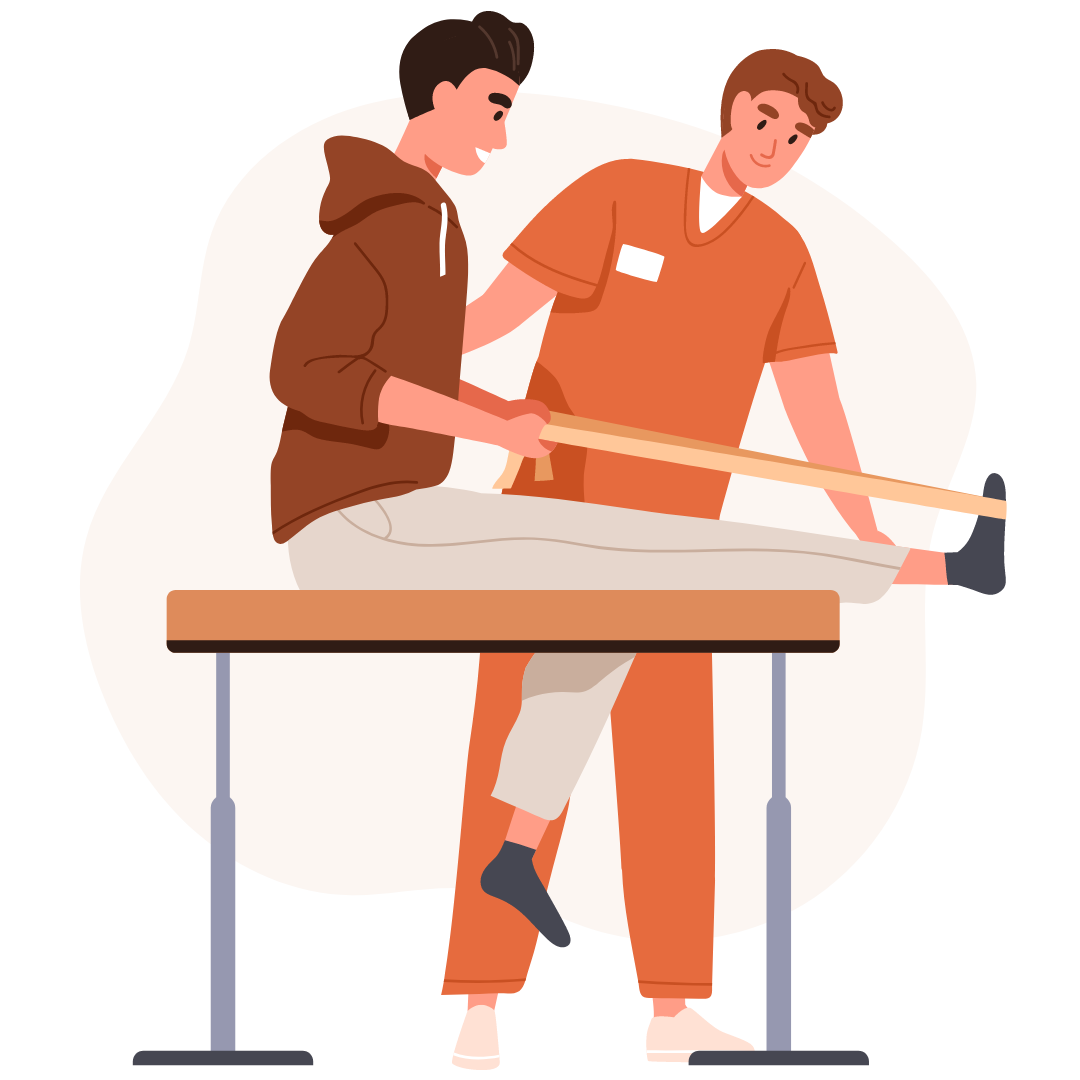 Grafik eines Physiotherapeuten, der einem Patienten bei einer Übung auf einer Liege hilft