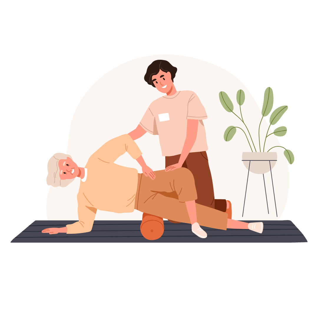 Grafik eines Physiotherapeuten, der eine ältere Patientin bei einer Hüft-Stabilisationsübung auf dem Boden unterstützt